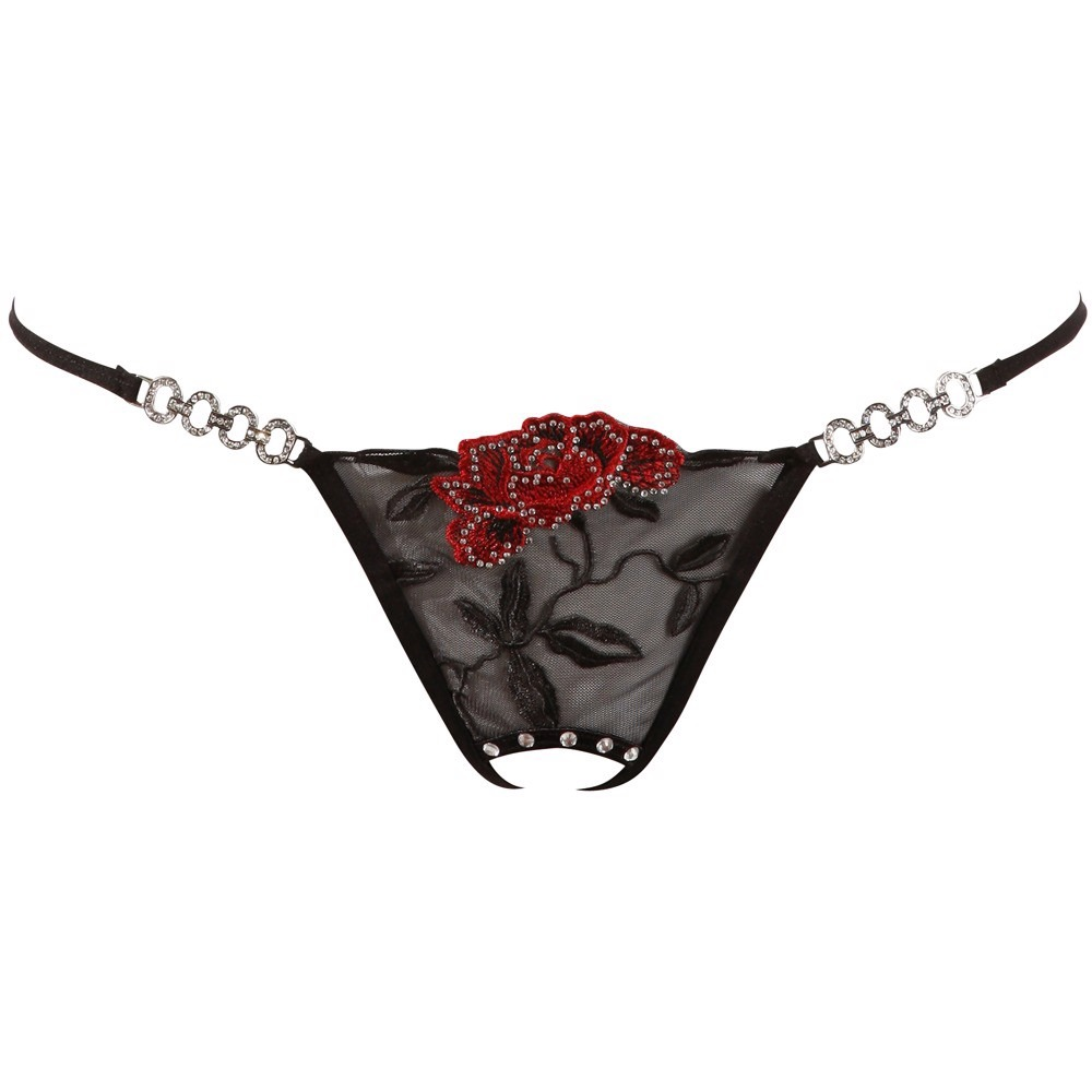 Стринги сексуальные Cottelli Collection String Rose с вышивкой и имитацией шнуровки, черные, M/L