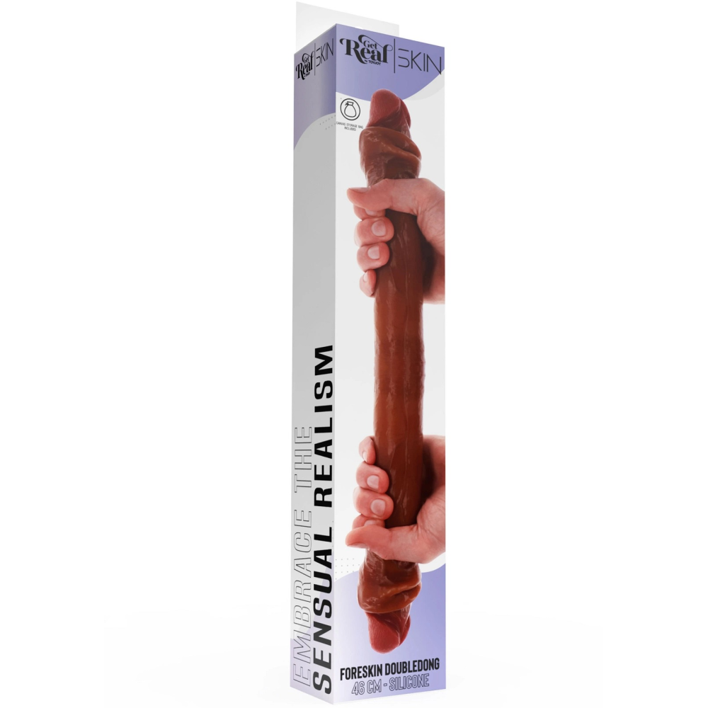 Фаллос двухсторонний ToyJoy Get Real Skin с крайней плотью, мулат