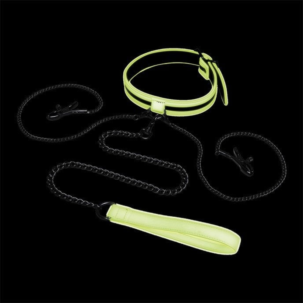 Ошейник с зажимами для сосков люминесцентный Whipsmart Glow In The Dark, зеленый