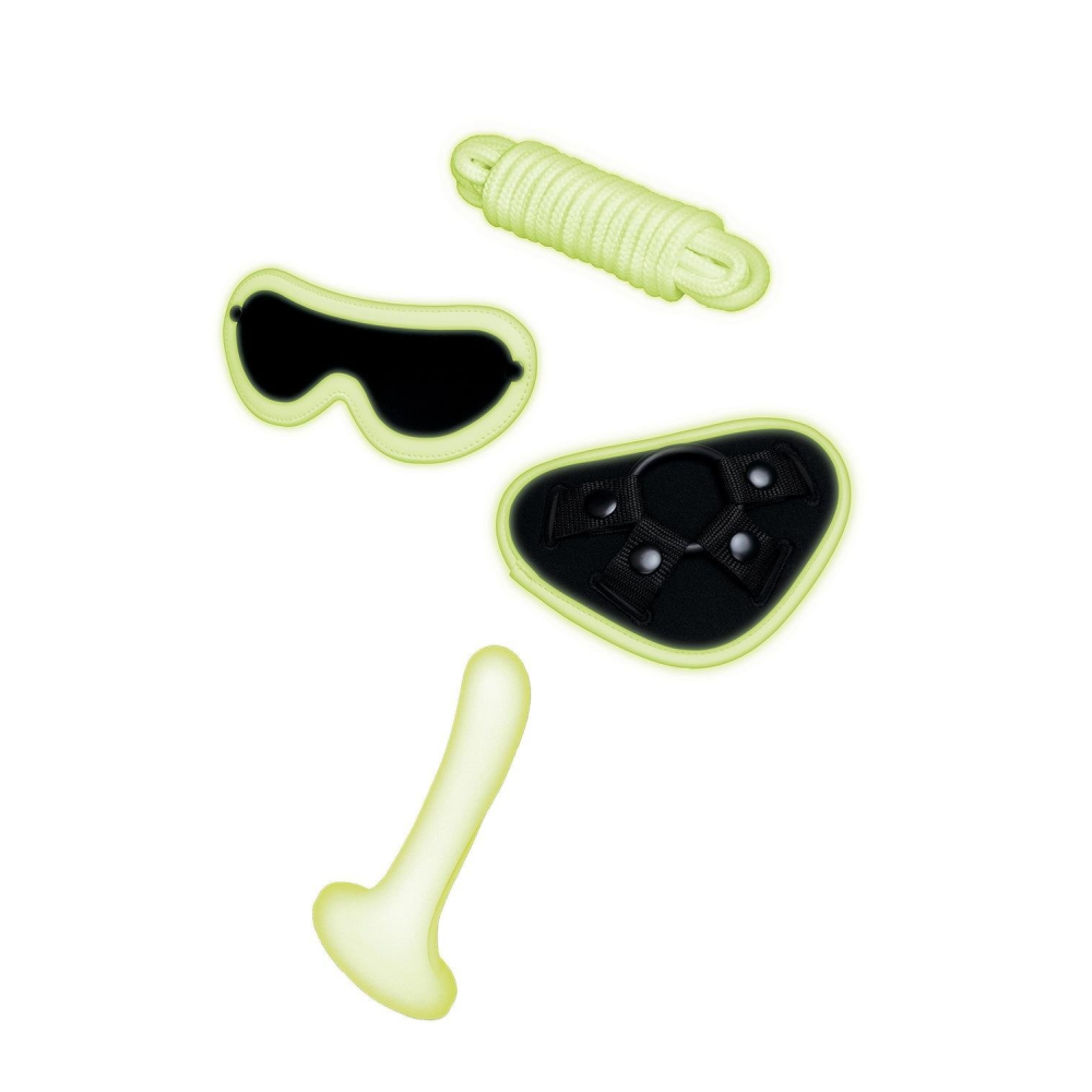 Набор БДСМ люминесцентный Whipsmart Glow In The Dark страпон, маска на глаза и веревка