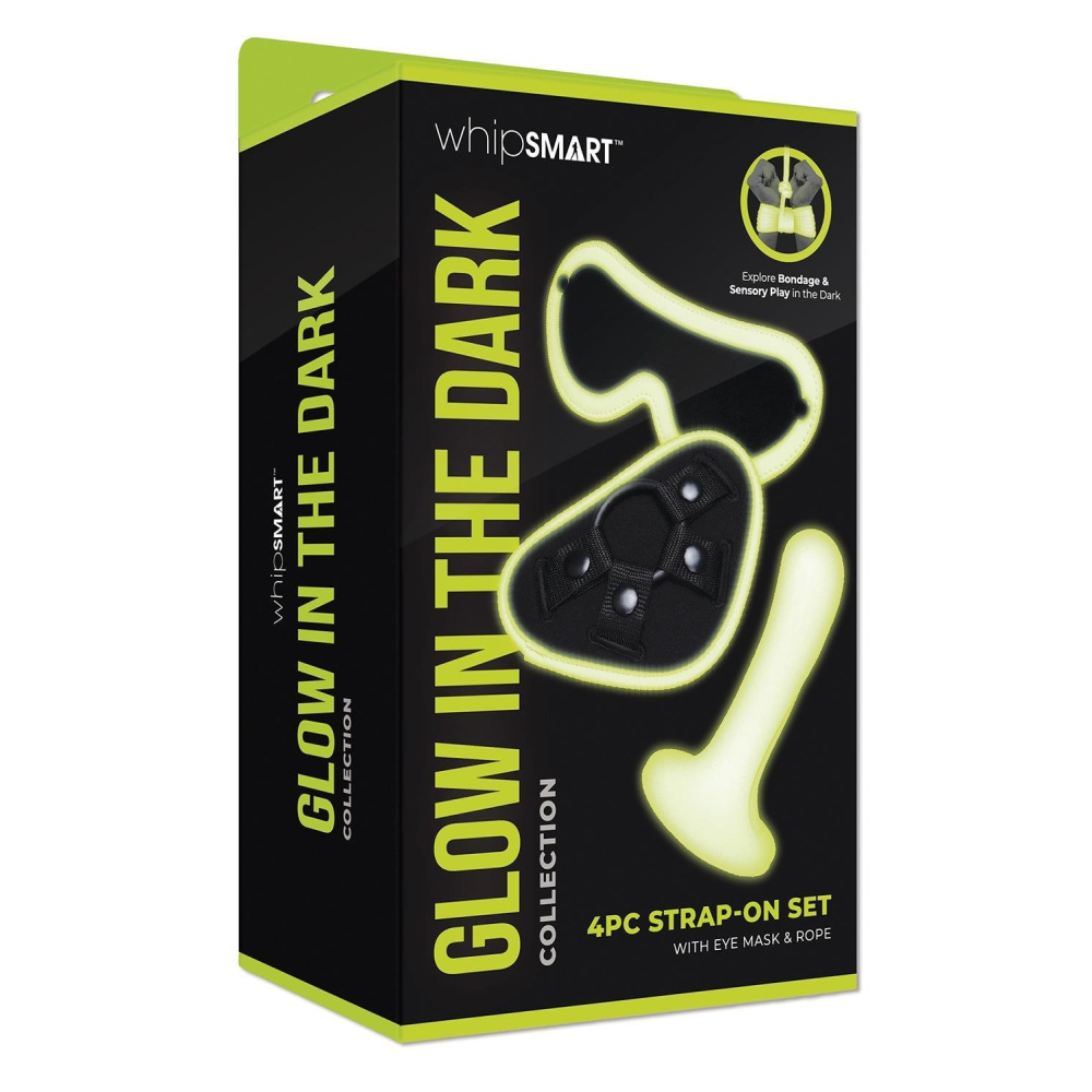 Набор БДСМ люминесцентный Whipsmart Glow In The Dark страпон, маска на глаза и веревка