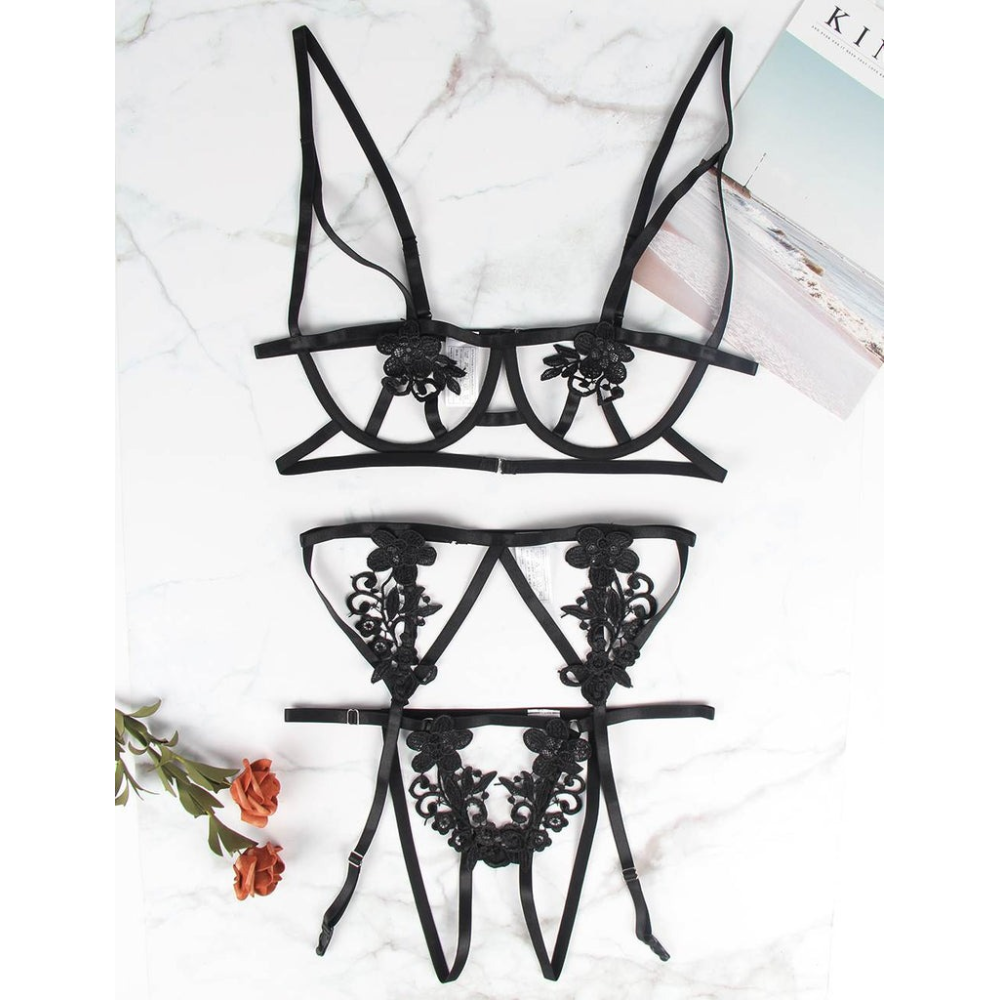 Комплект контурного белья с декоративной аппликацией Star Night и поясом для чулок, черный, ХL