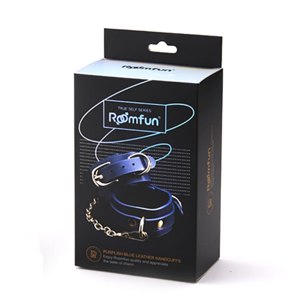 Наручники из экокожи синие Roоmfun Handcuff с золотистой фурнитурой