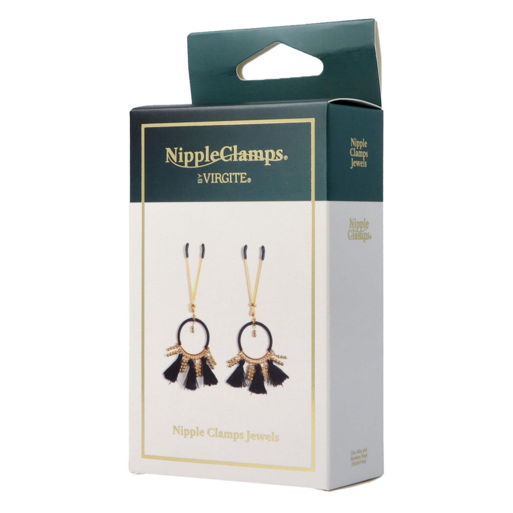 Декоративные золотые зажимы для сосков Virgite Nipple Clamps с черными кисточками