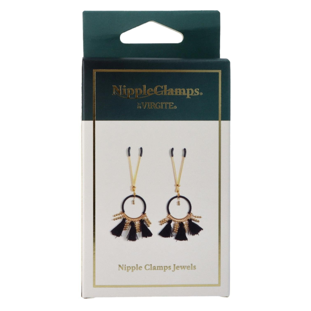 Декоративные золотые зажимы для сосков Virgite Nipple Clamps с черными кисточками