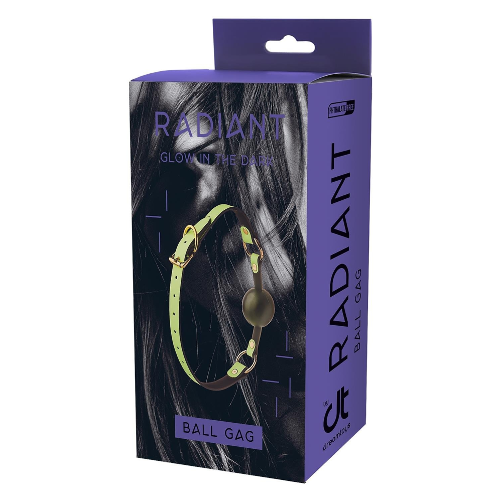 Кляп с шариком люминесцентный зеленый Dreamtoys RADIANT Glow In The Dark с золотистой фурнитурой