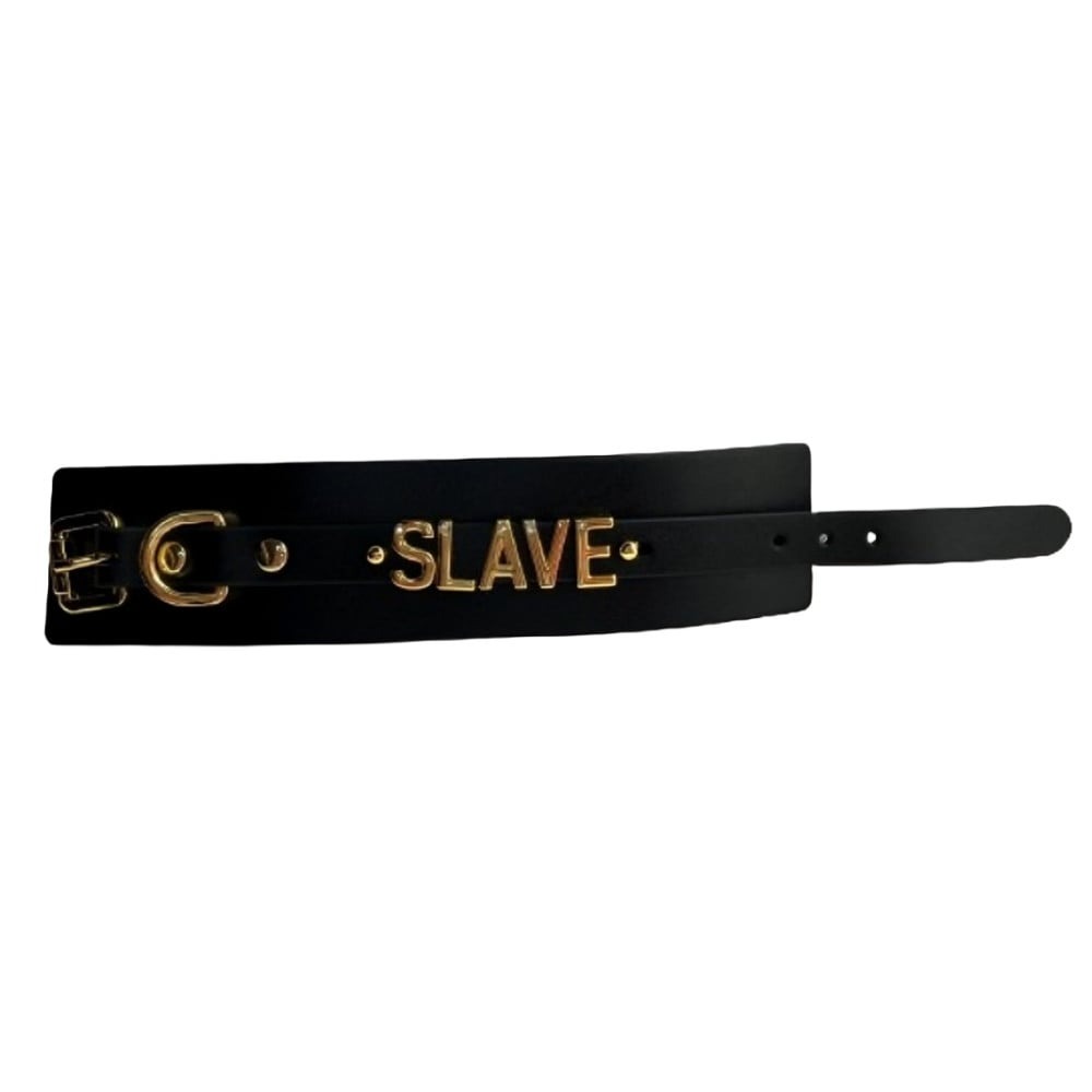 Наручники с надписью Slave от UPKO из итальянской кожи, черные с золотой фурнитурой