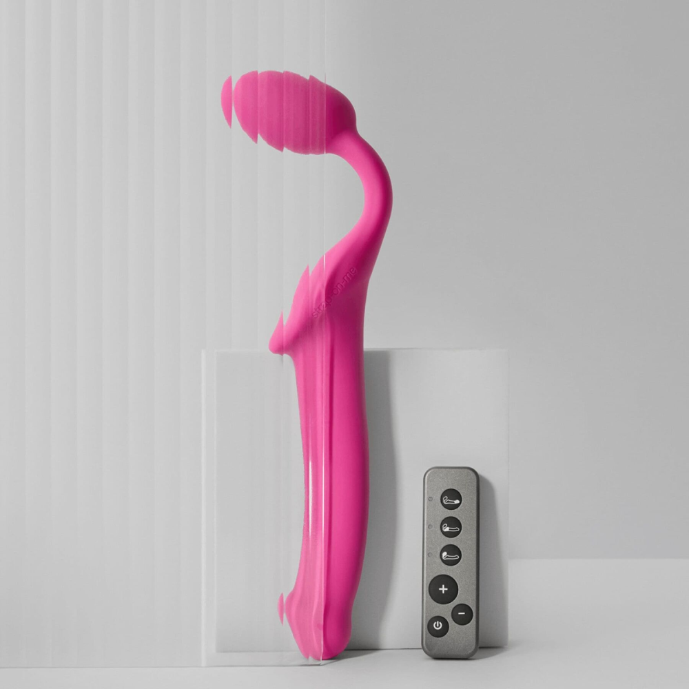 Безремневой страпон с вибрацией Strap-On-Me Vibrating Fuchsia L, диаметр 3,7 см, пульт ДУ, регулируемый
