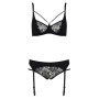 Комплект белья Passion PAULINE SET L/XL, black, стрэпы, лиф, стринги и пояс для чулок