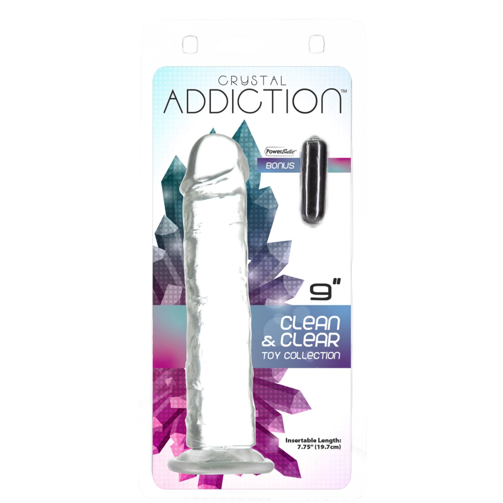 Прозрачный фаллоимитатор на присоске ADDICTION Vertical Dong 9″, вибропуля в подарок