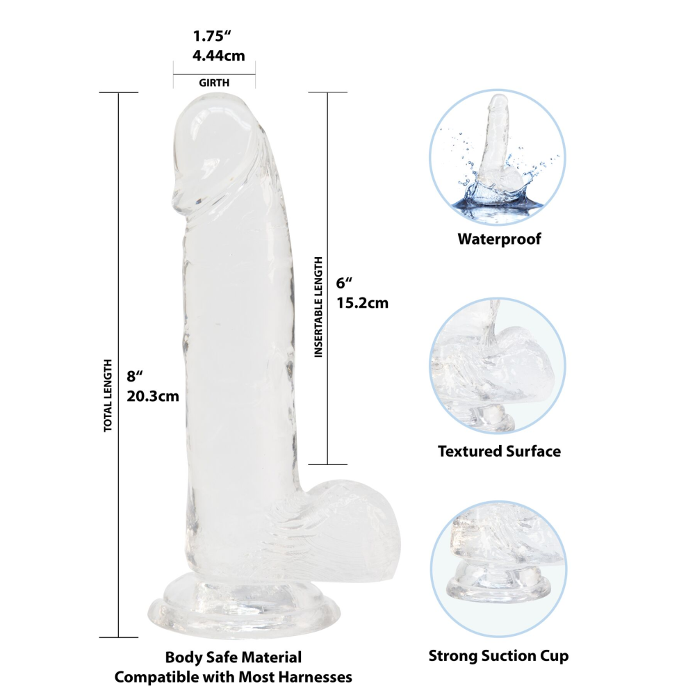 Прозрачный фаллоимитатор на присоске ADDICTION — Clear Dildo with Balls 8″, вибропуля в подарок