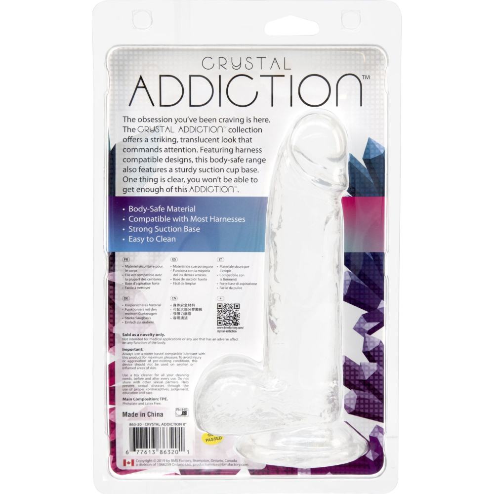 Прозрачный фаллоимитатор на присоске ADDICTION — Clear Dildo with Balls 8″, вибропуля в подарок