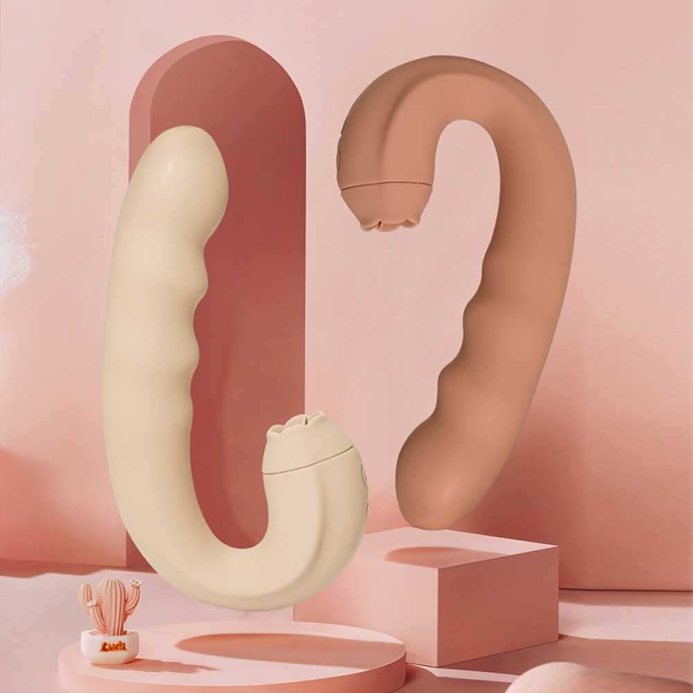 Вибратор с клиторальным стимулятором-язычком Sweet Em, бежевый, 15.8 х 8.7 х 4.1 см