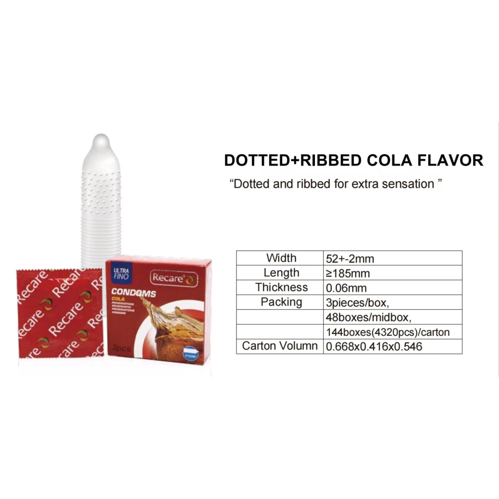 Презервативы Recare Cola Dotted&Ribbed Condoms 3 шт, с пупырышками и ребрами, аромат: Кола