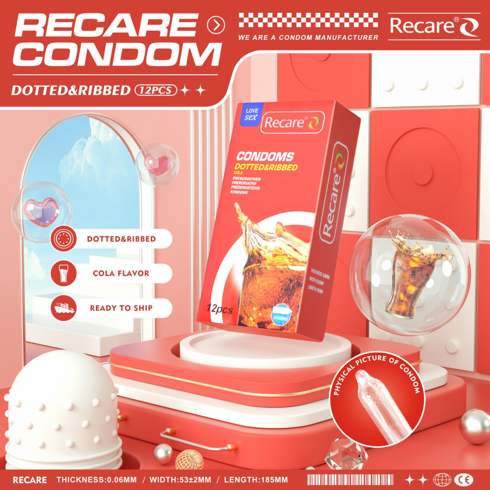 Презервативы Recare Cola Dotted&Ribbed Condoms 12 шт, с пупырышками и ребрами, аромат: Кола