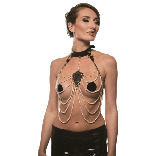Ошейник с ожерельем из жемчуга BDSM Guilty Pleasure Pearl, 6 рядов, на завязках