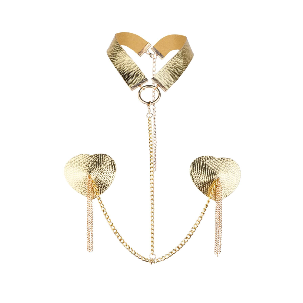 Пестис-сердечки с кисточками и чокером JSY Nipple Sticker RT236114 Golden
