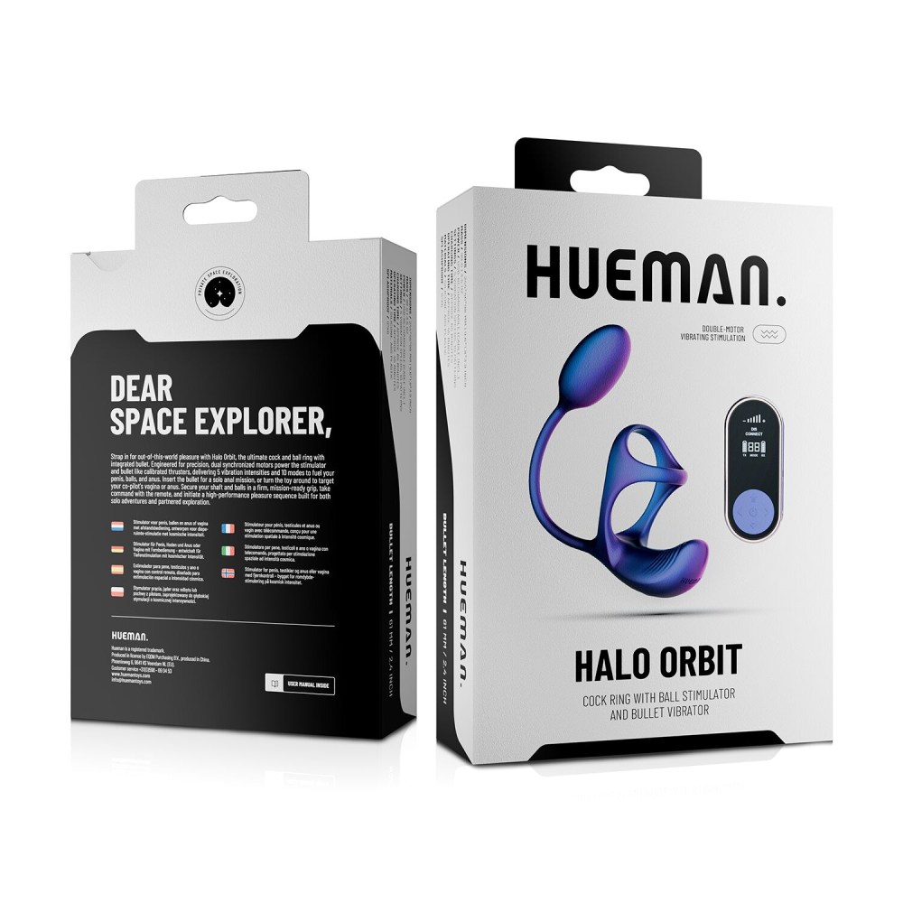 Виброяйцо с эрекционным кольцом Hueman Halo Orbit, массаж яичек, пульт ДУ