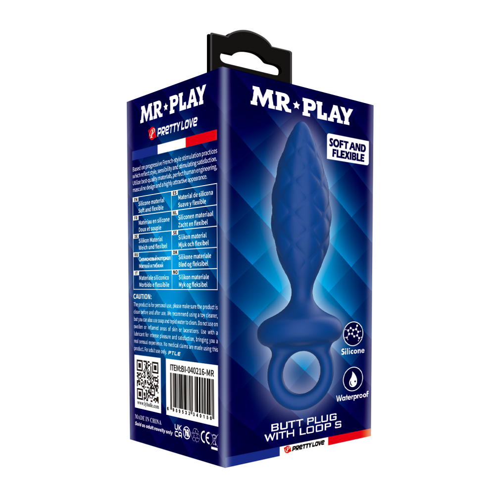 Анальная пробка MR. PLAY Butt Plug with Loop, синяя, размер S, 11,5 х 2,7 см
