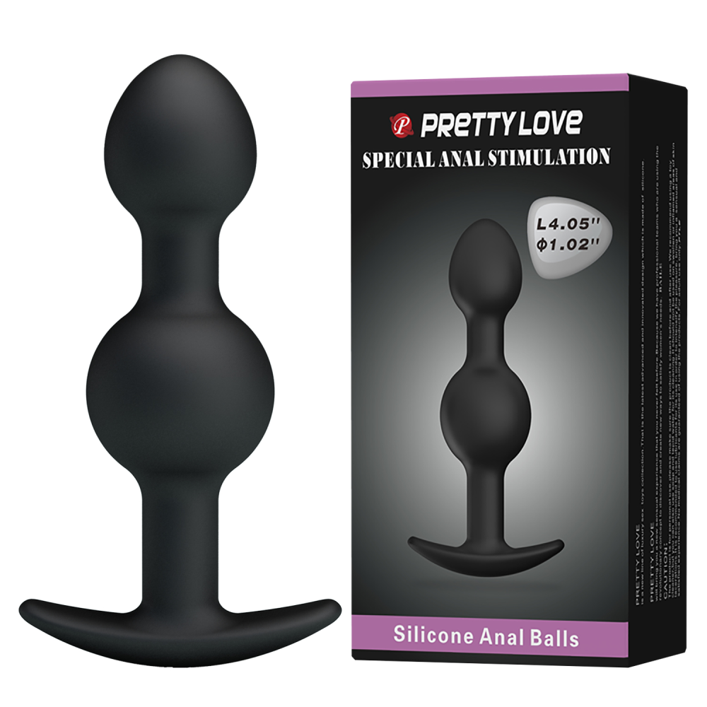 Анальная пробка силиконовая PRETTY LOVE Heavy Balls с двумя шариками, чёрная, 10.4 х 2.6 см