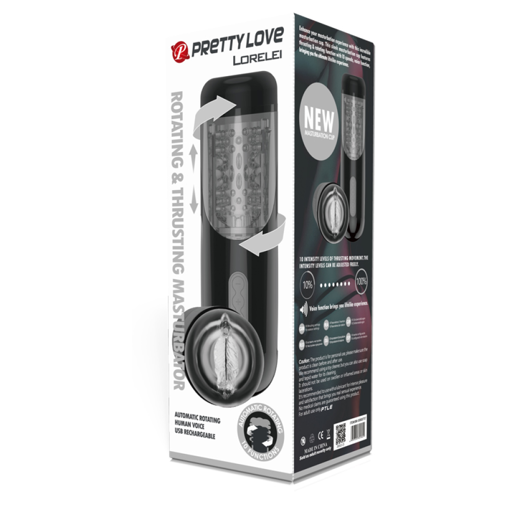 Автоматический мастурбатор PRETTY LOVE LORELEI с ротацией и голосом, чёрный, 29.7 см