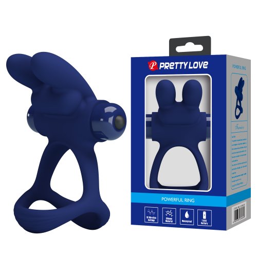 Эрекционное виброкольцо PRETTY LOVE Powerful Ring двойное, с ушками для клитора, синее, 8.7 х 3.3 см
