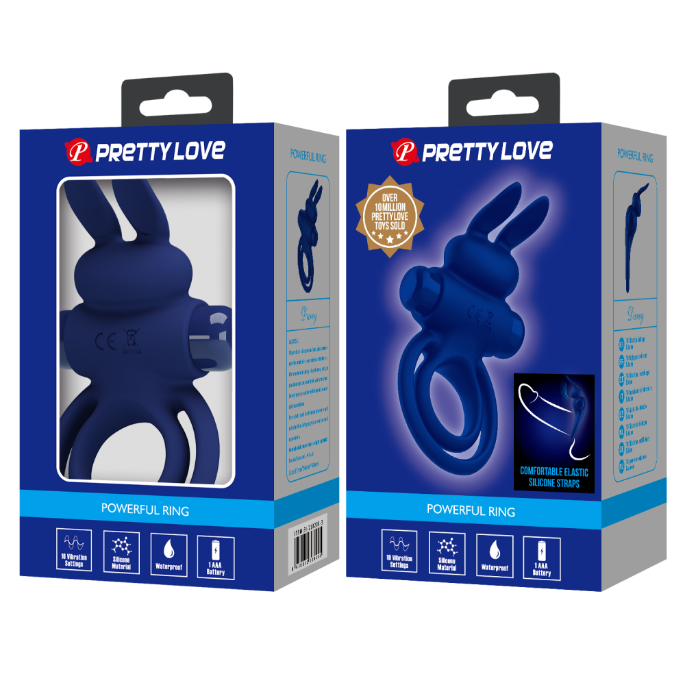 Виброкольцо двойное PRETTY LOVE Vibro Bunny III со стимуляцией для клитора, синее, 9.7 х 6.5 см