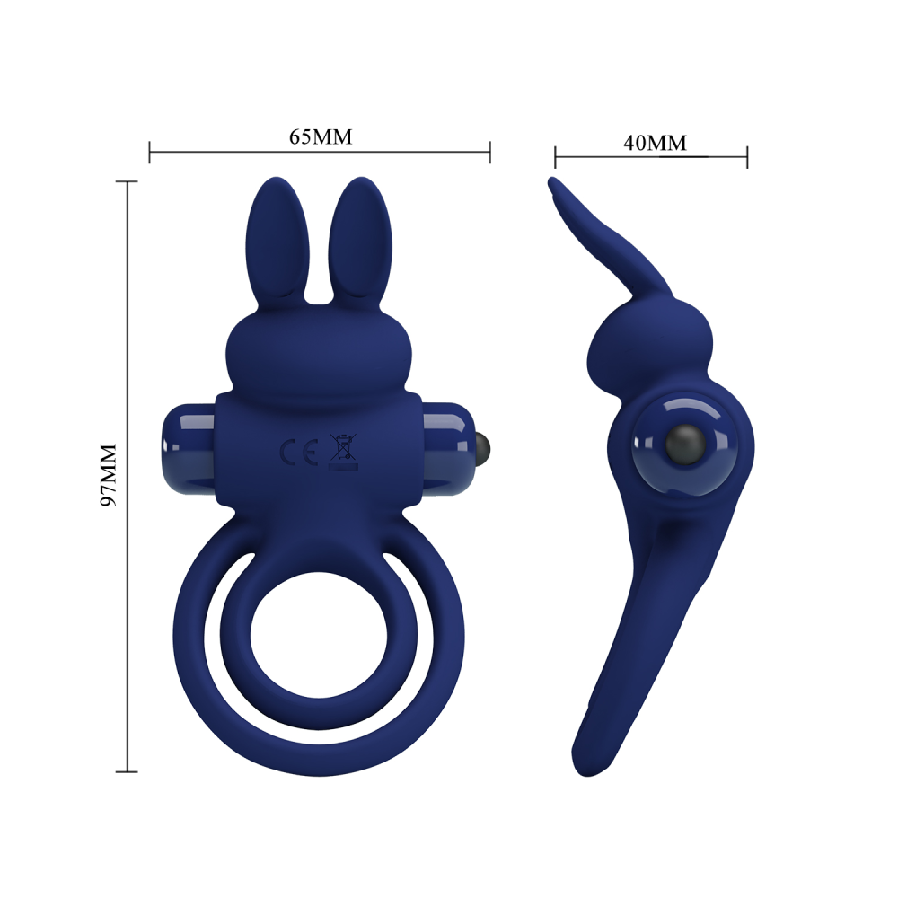 Виброкольцо двойное PRETTY LOVE Vibro Bunny III со стимуляцией для клитора, синее, 9.7 х 6.5 см