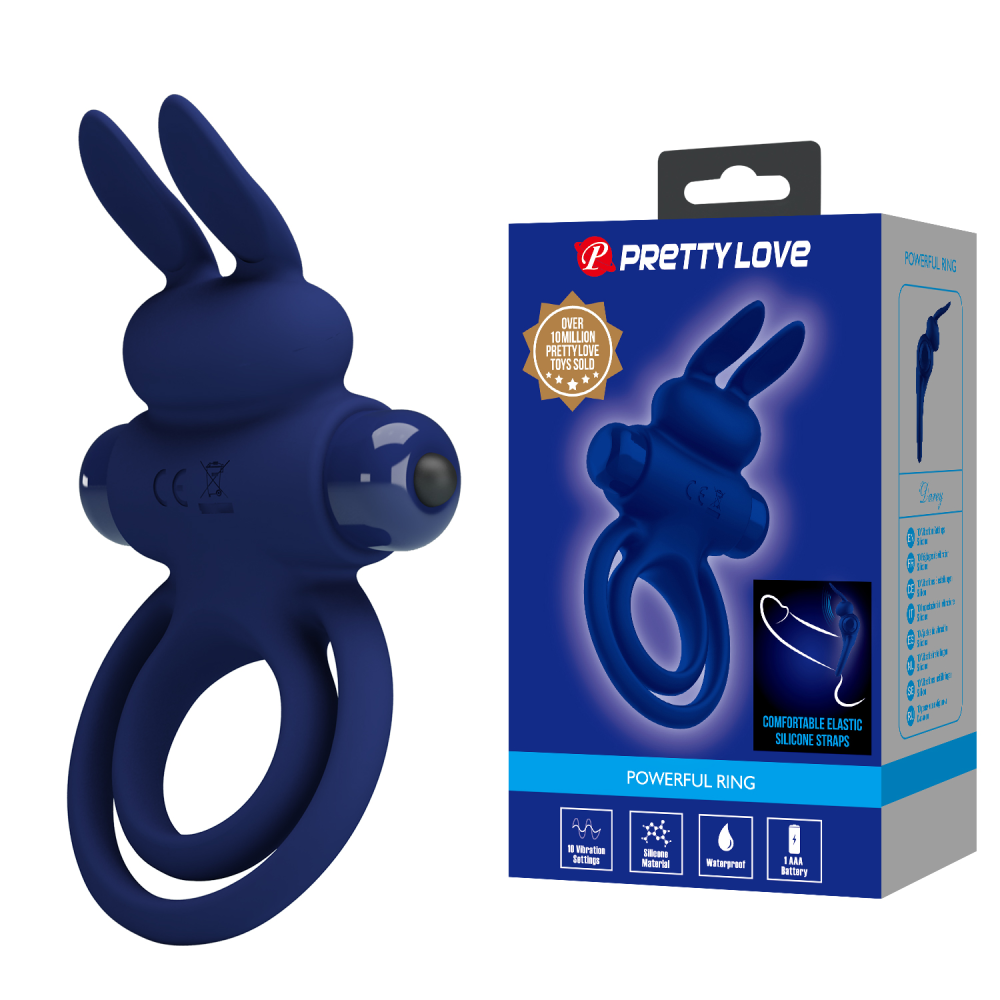 Виброкольцо двойное PRETTY LOVE Vibro Bunny III со стимуляцией для клитора, синее, 9.7 х 6.5 см