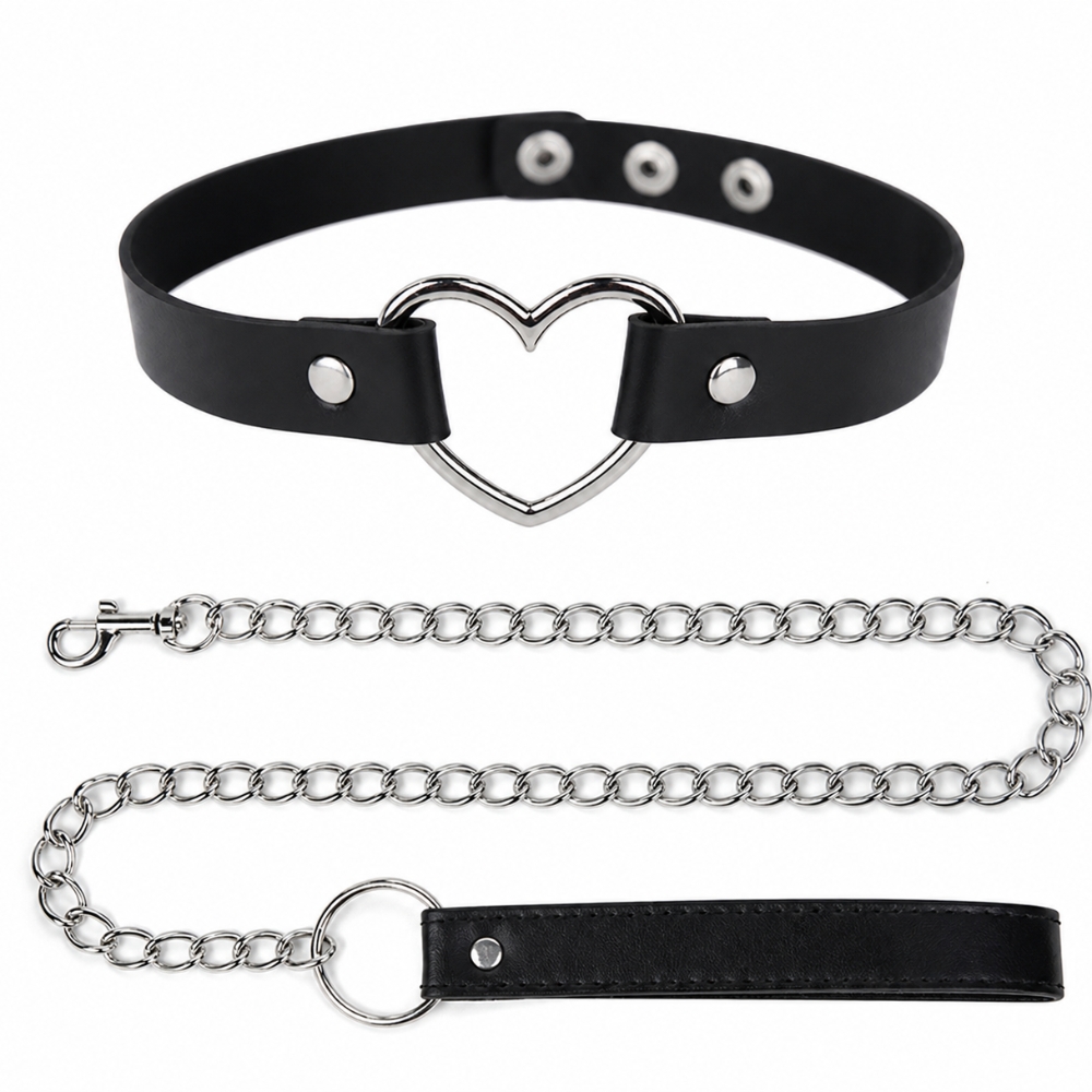 Ошейник с металлическим сердцем DS Fetish, с поводком, чёрный