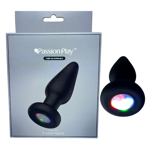 Анальная пробка Passion Play с RGB-подсветкой, чёрная, 8.6 х 4 см