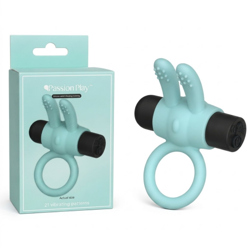 Эрекционное виброкольцо Passion Play с ушками для клитора, бирюзовое, 7.4 × 6.2 см