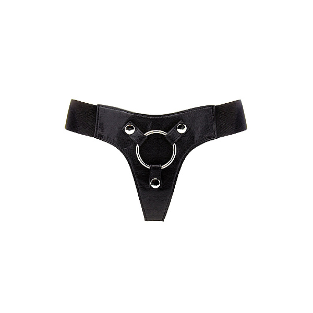 Трусики для страпона REALROCK Elastic Harness с кольцом, кожаные, черные, One Size (S-XL)