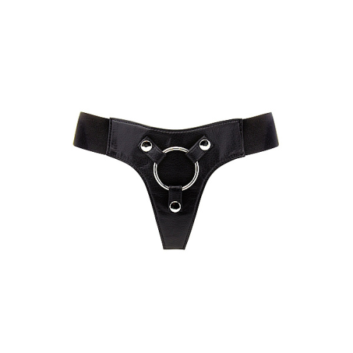 Трусики для страпона REALROCK Elastic Harness с кольцом, кожаные, черные, One Size (S-XL)