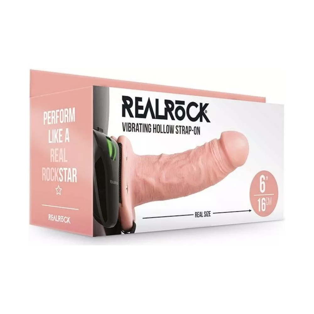 Страпон порожнистий з вібрацією REALROCK, з пультом, рожевий, 16 х 4.6 см