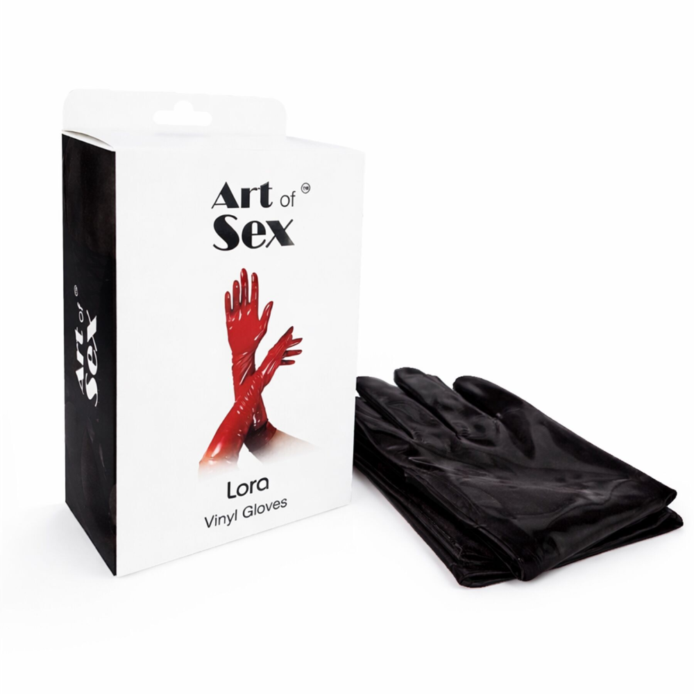 Виниловые перчатки Art of Sex - Lora, размер L, цвет черный с эффектом мокрого бархата